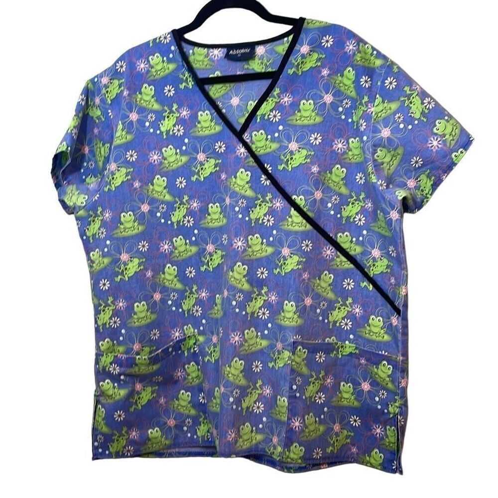 Absolute fun frog print V-neck scrubs two pockets poly cotton 1X
